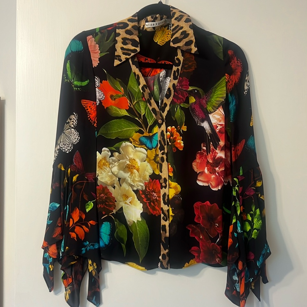 alice + olivia floral colorful bell sleeve blouse
